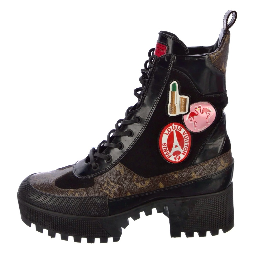 Louis Vuitton Black Monogram Patch Combat Boot with Pink Accent Patches